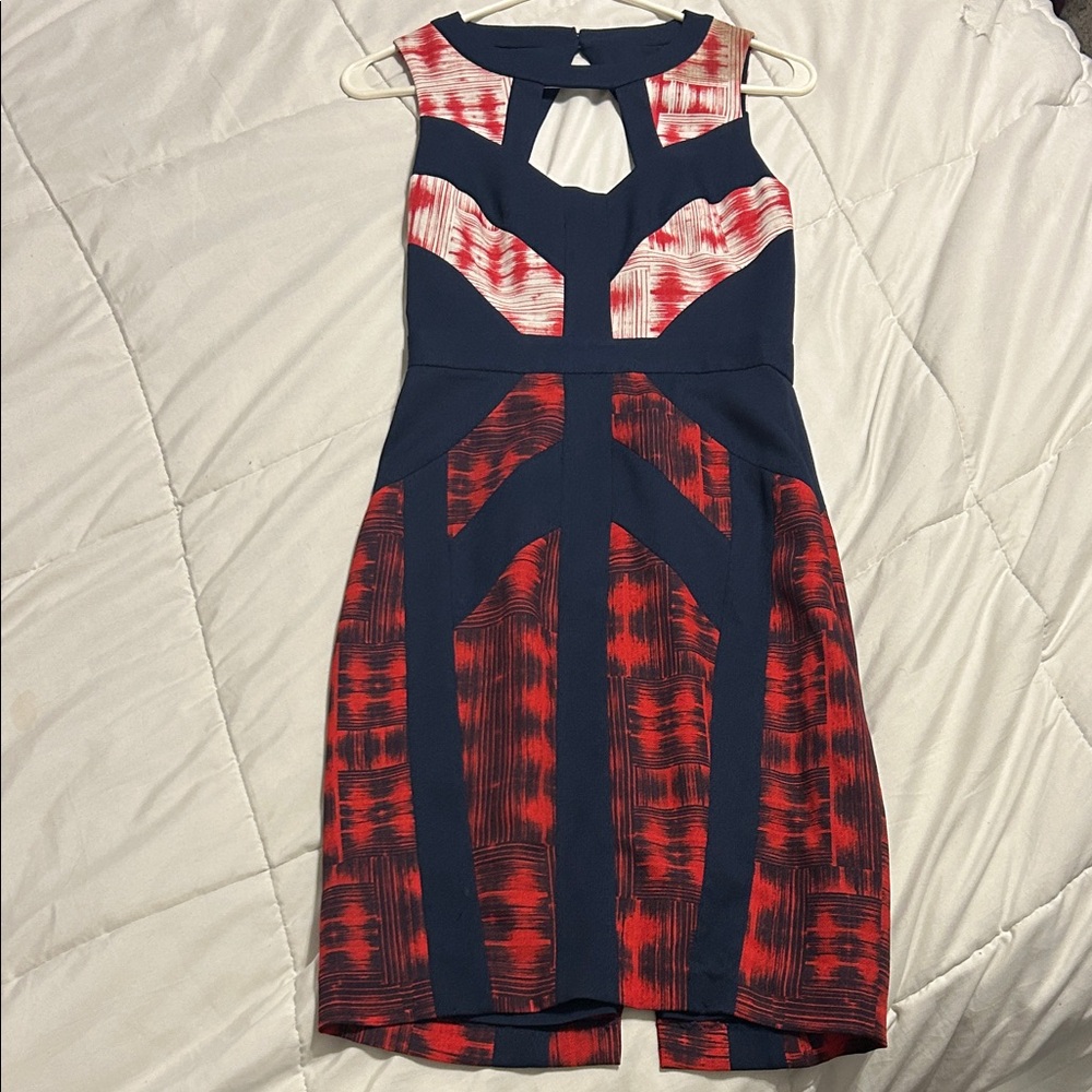 BCBGMaxAzria Navy and Red Graphic Mini Dress